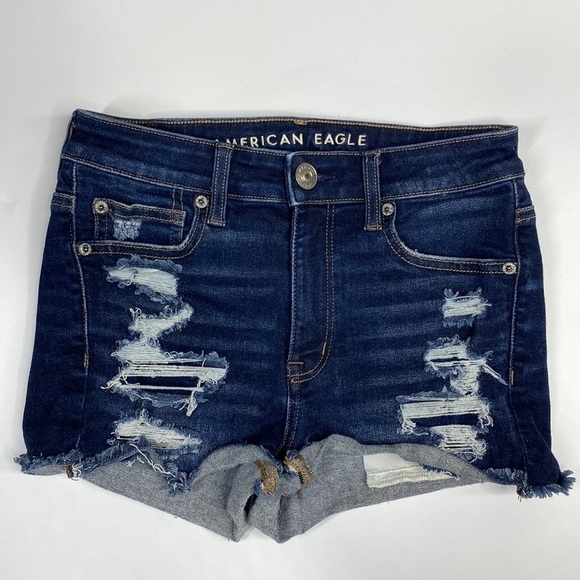 American Eagle Next Level Stretch Hi Rise Shortie Dark Wash Shorts Size 2 - Picture 1 of 8
